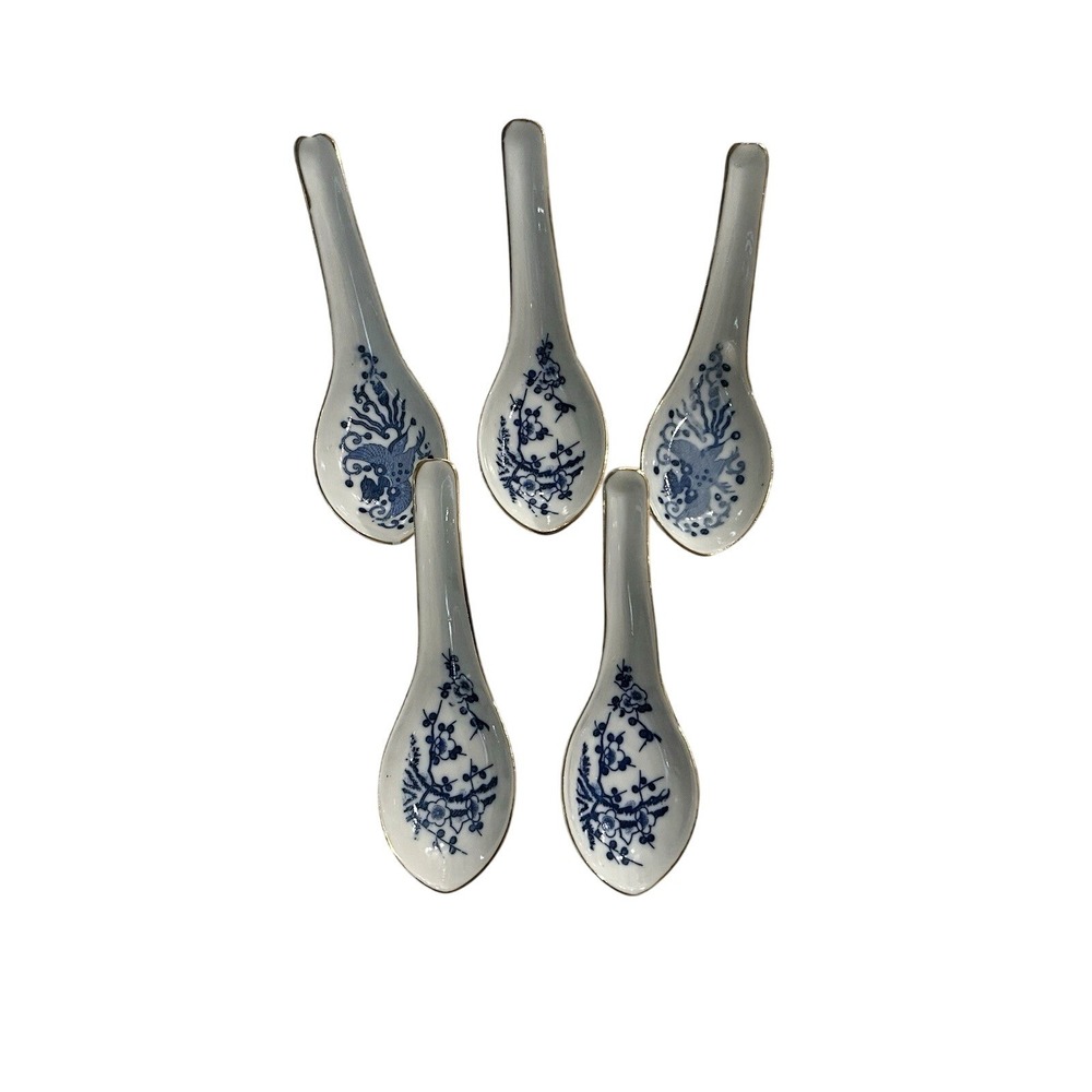 Vtg Set Of 5 Chinese Porcelain Rice Soup Raman Spoons Blue & White Gold Rim 5.5"
